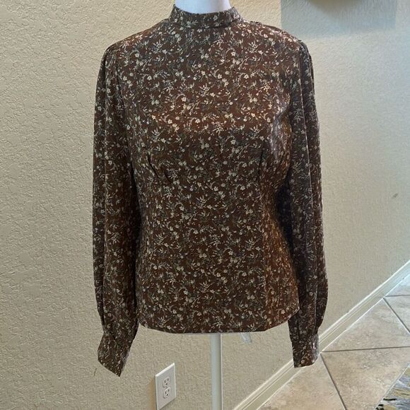 Million Colors Size M Turtleneck Blouse Brown Ditzy Microfloral Paisley Modest - Picture 1 of 11